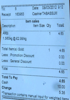 A receipt showing the cost of the Colocasia tubers