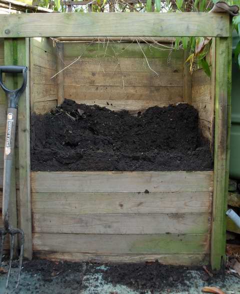 Wooden compost bin full of mature compost.