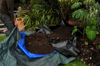 Roll the last of the soil into the hole using the tarpaulin.